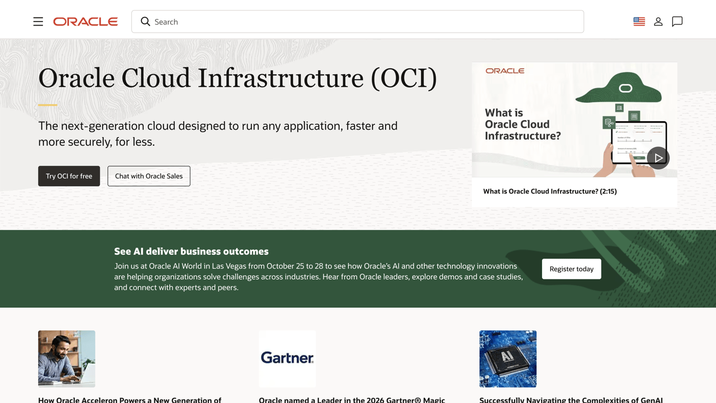 Oracle Cloud homepage